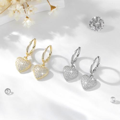 Boucles d'oreilles en laiton zircon cubique pavent, coeur, Placage, pavé de micro zircon & pour femme, plus de couleurs à choisir, Vendu par paire