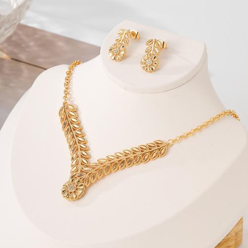 Cubic Zirconia Micro Pave Brass Jewelry Sets, Stud Earring & necklace, petals, plated, micro pave cubic zirconia & for woman, gold, Sold By Set