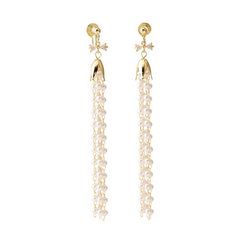 Pendientes de Aleación de Zinc, con Perlas plásticas, chapado, diferentes estilos para la opción & para mujer & con diamantes de imitación, dorado, 105mm, Vendido por Par