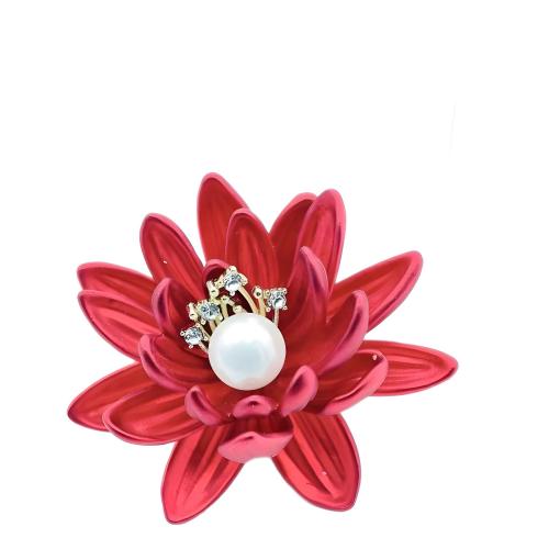 Tibetan Style Brooches, with Plastic Pearl, stoving varnish, for woman & with rhinestone, red, 44x39mm, Sold By PC