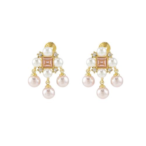 Tibetan Style Stud Earring, with Plastic Pearl, different styles for choice & for woman & with rhinestone, golden, 25x30mm, Sold By Pair