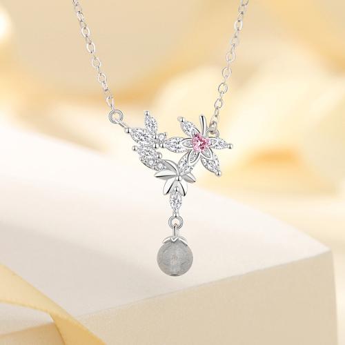 925 Sterling Silver Necklace, with Moonstone, with 2inch extender chain, Maple Leaf, platinum plated, oval chain & micro pave cubic zirconia & for woman, Length:Approx 15.7 Inch, Sold By PC