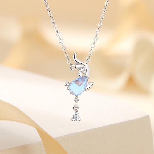 925 Sterling Silver Necklace, with Glass, with 2inch extender chain, Fish, platinum plated, oval chain & micro pave cubic zirconia & for woman, Length:Approx 15.7 Inch, Sold By PC