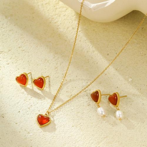 Fashion Stainless Steel Jewelry Sets, 304 Stainless Steel, with Red Agate, 18K gold plated, fashion jewelry & different styles for choice & for woman, golden, Sold By PC