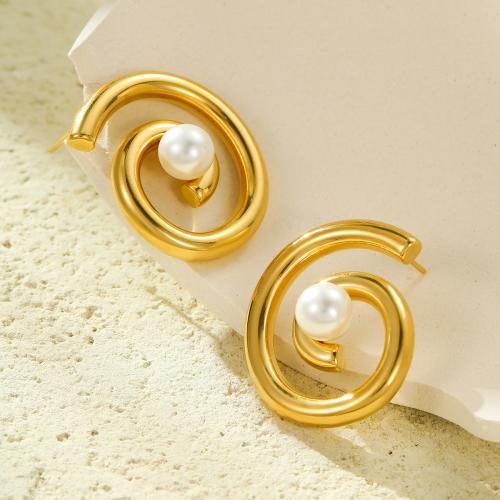 Stainless Steel Stud Earrings, 304 Stainless Steel, with Plastic Pearl, 18K gold plated, fashion jewelry & for woman & hollow, golden, 30x25mm, Sold By Pair