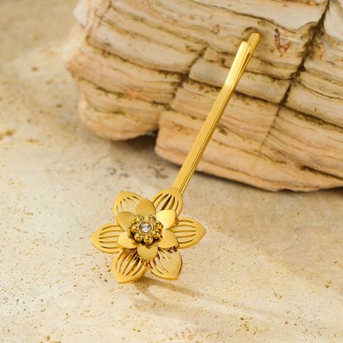 Hair Slide, 304 Stainless Steel, 18K gold plated, fashion jewelry & for woman & with rhinestone, golden, 63x20mm, Sold By PC