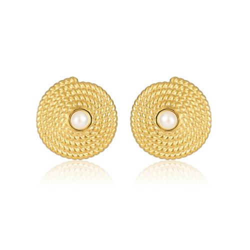 Stainless Steel Stud Earrings, 304 Stainless Steel, with Plastic Pearl, 18K gold plated, fashion jewelry & for woman, golden, 21.50mm, Sold By Pair