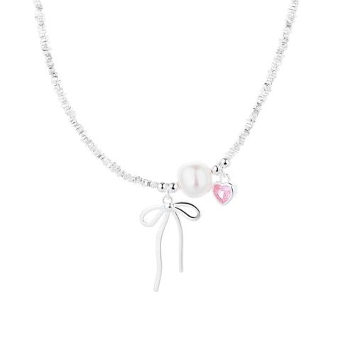 Cubic Zircon Micro Pave 925 Sterling Silver Necklace, with Shell Pearl, with 6cm extender chain, fashion jewelry & micro pave cubic zirconia & for woman, Length:Approx 40 cm, Sold By PC