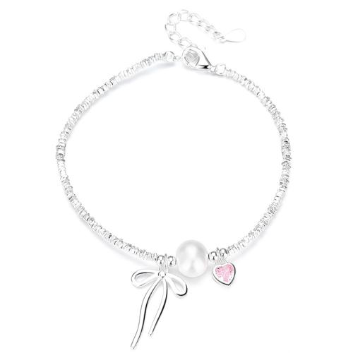 Pulseras de Plata Estelina, Plata de ley 925, con Shell Pearl, con 4cm extender cadena, Joyería & micro arcilla de zirconia cúbica & para mujer, longitud:aproximado 15 cm, Vendido por UD