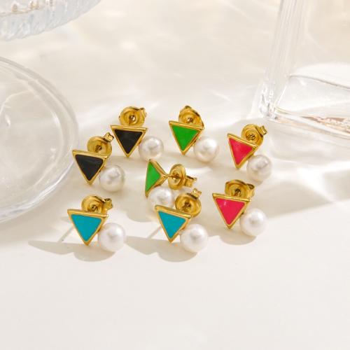 Pendientes de Acero Inoxidable, acero inoxidable 304, con Perlas plásticas, chapado en color dorado, para mujer & esmalte, más colores para la opción, Vendido por Par