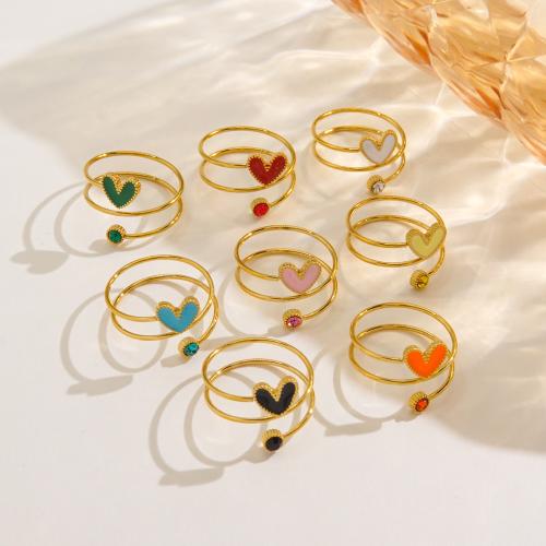 Rhinestone Stainless Steel Finger Ring, 304 Stainless Steel, Heart, gold color plated, for woman & enamel & with rhinestone, more colors for choice, Sold By PC