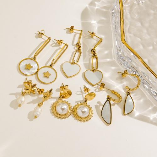 Stainless Steel Drop Earring, 304 Stainless Steel, with Shell & Plastic Pearl, gold color plated, different styles for choice & for woman, more colors for choice, Sold By Pair