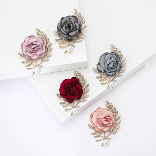 Tibetan Style Brooches, with Cloth & Plastic Pearl, Flower, gold color plated, for woman & with rhinestone, more colors for choice, nickel, lead & cadmium free, Sold By PC