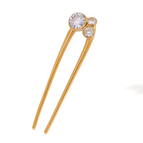 Hair Stick, 304 Stainless Steel, with Cubic Zirconia, plated, fashion jewelry & for woman, gold, Sold By PC