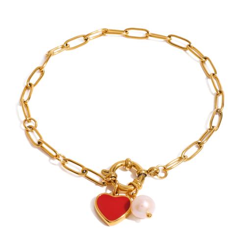 Pulsera de Acero Inoxidable, acero inoxidable 304, con Perlas plásticas, 18K chapado en oro, Joyería & para mujer & esmalte, longitud:8.26 Inch, Vendido por UD