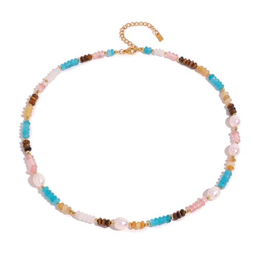 Natural Gemstone Necklace, Natural Stone, with Plastic Pearl & 304 Stainless Steel, with 1.96 Inch extender chain, plated, fashion jewelry & for woman, multi-colored, Length:16.14 Inch, Sold By PC