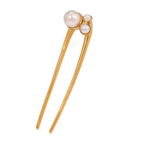 Hair Stick, 304 Stainless Steel, with Plastic Pearl, 18K gold plated, fashion jewelry & for woman, Sold By PC