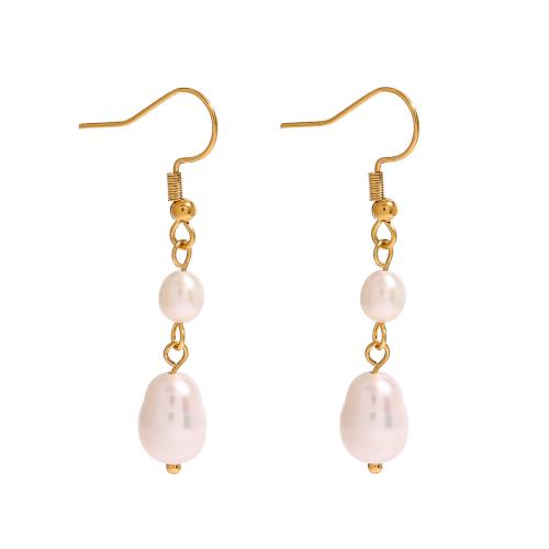 Stainless Steel Drop Earring, 304 Stainless Steel, with Plastic Pearl, 18K gold plated, fashion jewelry & for woman, Sold By Pair