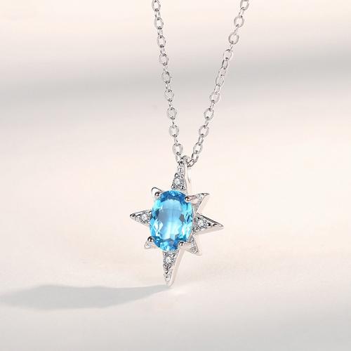 925 Sterling Silver Necklace, with Topaze, with 2inch extender chain, Eight Point Star, oval chain & micro pave cubic zirconia & for woman, Length:Approx 15.7 Inch, Sold By PC