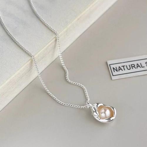 925 Sterling Silver Necklaces, with Shell Pearl, with 5cm extender chain, fashion jewelry & for woman, Length:Approx 40 cm, Sold By PC