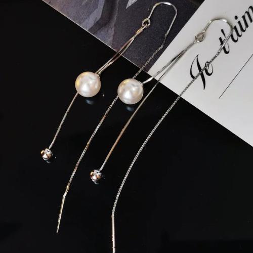 925 Sterling Silver Thread Through Earrings, with Shell Pearl, fashion jewelry & for woman, 84mm, Sold By Pair