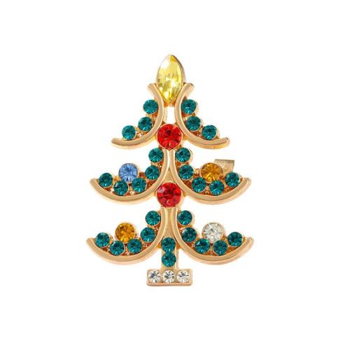 Christmas Brooches, Tibetan Style, Christmas Tree, Christmas Design & fashion jewelry & Unisex & with rhinestone, golden, 50x34mm, Sold By PC