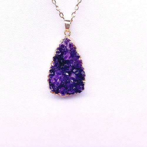 Quartz Gemstone Pendants, Amethyst, with Brass & Iron, Teardrop, gold color plated, DIY, purple, 35x22mm, Sold By PC