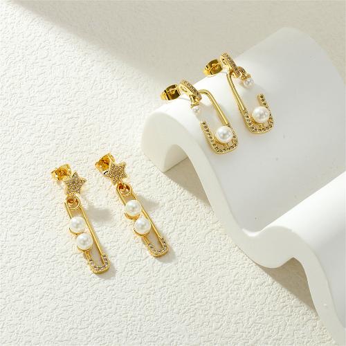 Cúbicos Circonia Pendiente Latón Micro pavimenta, metal, con Perlas plásticas, chapado en color dorado, Joyería & diverso tamaño para la opción & micro arcilla de zirconia cúbica & para mujer, más colores para la opción, libre de níquel, plomo & cadmio, Vendido por Par