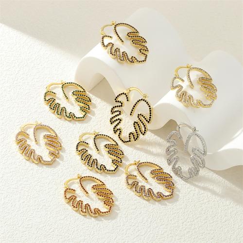 Boucles d'oreilles en laiton zircon cubique pavent, feuille, Placage de couleur d'or, pavé de micro zircon & pour femme, plus de couleurs à choisir, protéger l'environnement, sans nickel, plomb et cadmium, Vendu par paire