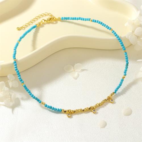 Collier en laiton cubique Zircon Micro Pave, avec turquoise, Placage de couleur d'or, pavé de micro zircon & pour femme, bleu, protéger l'environnement, sans nickel, plomb et cadmium, Vendu par PC