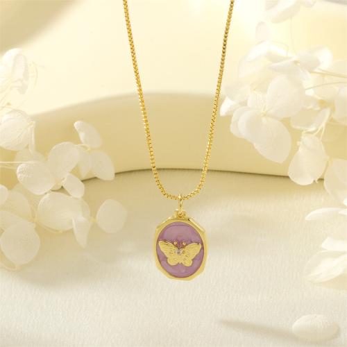 Brass Necklace, gold color plated, for woman & enamel, purple, nickel, lead & cadmium free, Sold By PC