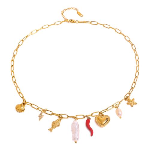 Edelstahl Schmuck Halskette, 304 Edelstahl, mit Kunststoff Perlen, mit Verlängerungskettchen von 1.96 Inch, plattiert, Modeschmuck & für Frau, goldfarben, Länge:17.7 ZollInch, verkauft von PC