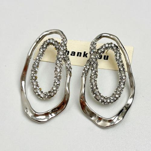 Tibetan Style Stud Earring, plated, for woman & with rhinestone & hollow, original color, 60x34mm, Sold By Pair