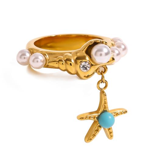 Rhinestone Stainless Steel Finger Ring, 304 Stainless Steel, with Plastic Pearl, plated, fashion jewelry & for woman & with rhinestone, golden, Sold By PC