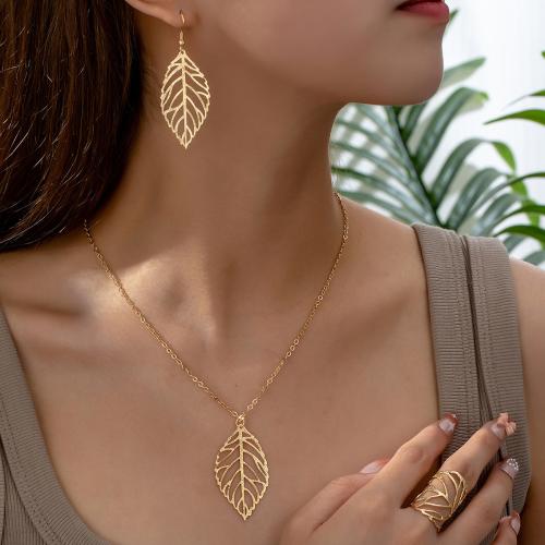 Jewelry Sets, finger ring & earring & necklace, Iron, Leaf, plated, for woman, gold, Sold By Set