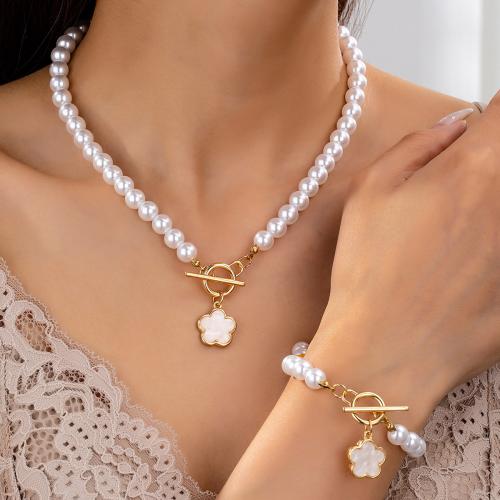 Tibetan Style Jewelry Sets, bracelet & necklace, with Plastic Pearl & Acrylic, plated, for woman, white, Sold By Set