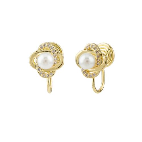 Tibetan Style Stud Earring, with Plastic Pearl, plated, different styles for choice & micro pave cubic zirconia & for woman, golden, 10mm, Sold By Pair