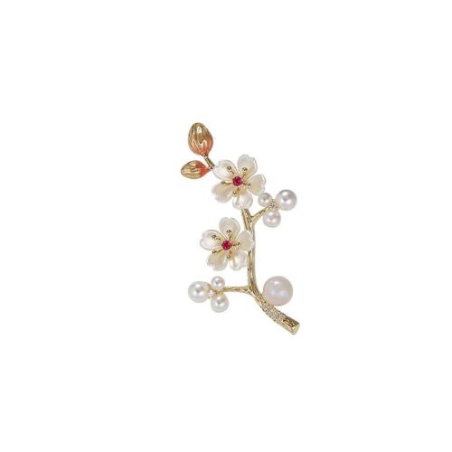 Tibetan Style Brooches, with Shell & Plastic Pearl, for woman & with rhinestone, golden, Sold By PC