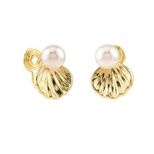 Tibetan Style Stud Earring, with Plastic Pearl, plated, different styles for choice & for woman, golden, 14x15mm, Sold By Pair