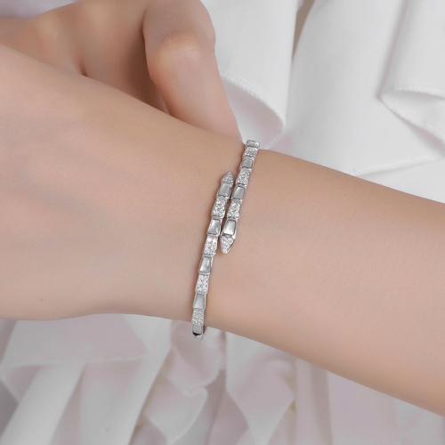 925 Sterling Silver Bangle, with Moissanite, Snake, fashion jewelry & for woman, Inner Diameter:Approx 57x50mm, Sold By PC