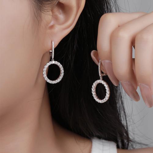 925 Sterling Silver Drop Earring, Donut, for woman & with rhinestone, 14.30x31.30mm, Sold By Pair