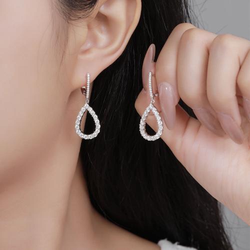 925 Sterling Silver Drop Earring, Teardrop, for woman & with rhinestone & hollow, 9.30x32mm, Sold By Pair