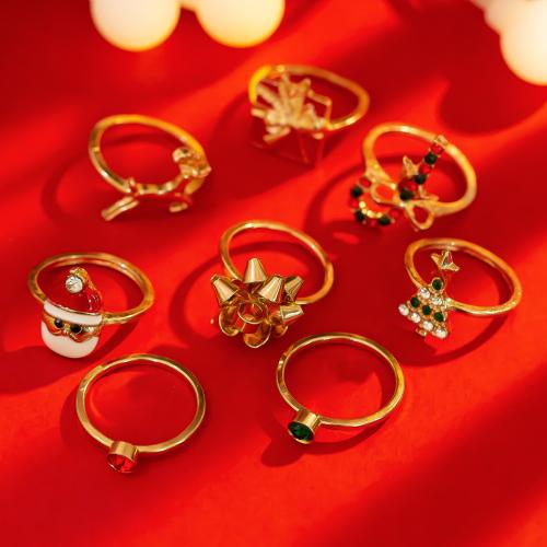 Finger Ring Jewelry, Copper Coated Plastic, with Polymer Clay & Crystal & Tibetan Style & Acrylic, 8 pieces & Christmas Design & fashion jewelry & for woman, golden, Sold By Set