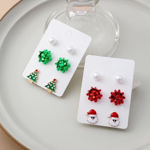 Christmas Earrings, Tibetan Style, with Plastic Pearl, Christmas Design & three pieces & for woman & enamel, more colors for choice, Sold By Set