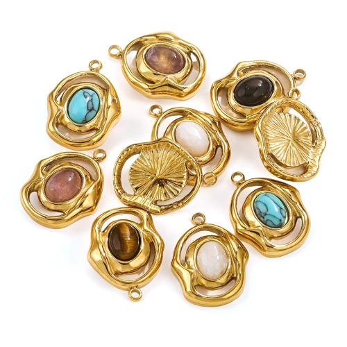 Edelstahl Schmuck Anhänger, 304 Edelstahl, mit Naturstein, rund, DIY & verschiedenen Materialien für die Wahl, goldfarben, 21x16mm, 5PCs/Tasche, verkauft von Tasche