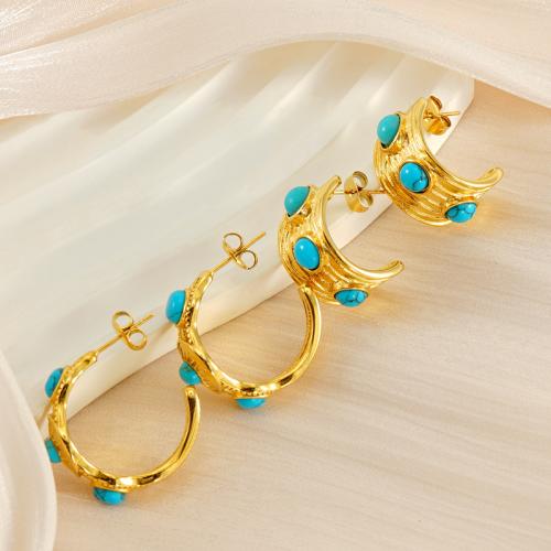 Boucle d'oreille de gaujon en acier inoxydable, Acier inoxydable 304, avec turquoise, Plaqué or 18K, bijoux de mode & styles différents pour le choix & pour femme, doré, Vendu par paire