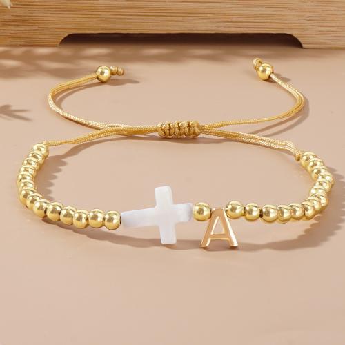 Brass Bracelet & Bangle, with Knot Cord & Shell, Cross, gold color plated, Adjustable & fashion jewelry & letters are from A to Z & Unisex, more colors for choice, nickel, lead & cadmium free, Length:Approx 28 cm, Sold By PC