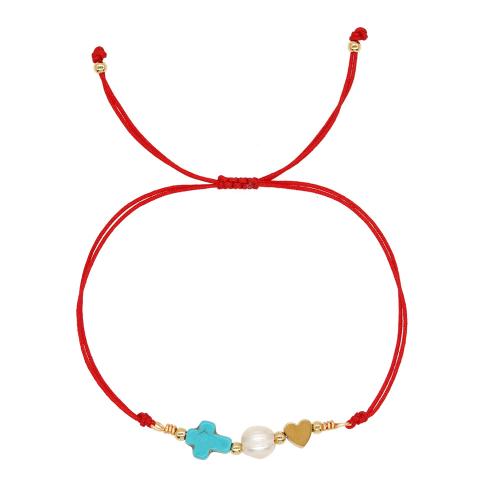 Cordon de noeud bracelet, avec turquoise & perle de plastique & laiton & Acier inoxydable 304, croix, fait à la main, Réglable & bijoux de mode & unisexe, rouge, protéger l'environnement, sans nickel, plomb et cadmium, Longueur:Environ 28 cm, Vendu par PC