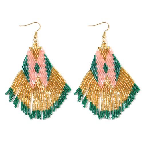 Fashion Fringe Boucles d'oreilles, Seedbead, avec laiton & Acier inoxydable 304, Placage de couleur d'or, bijoux de mode & pour femme, 55x95mm, Vendu par paire