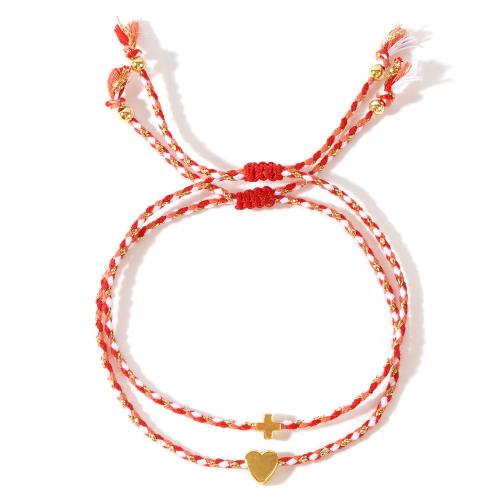 Pulseras de latón, Hilo de algodón, con metal, hecho a mano, 2 piezas & Ajustable & Joyería & para mujer, Rojo, libre de níquel, plomo & cadmio, longitud:aproximado 28 cm, Vendido por Set